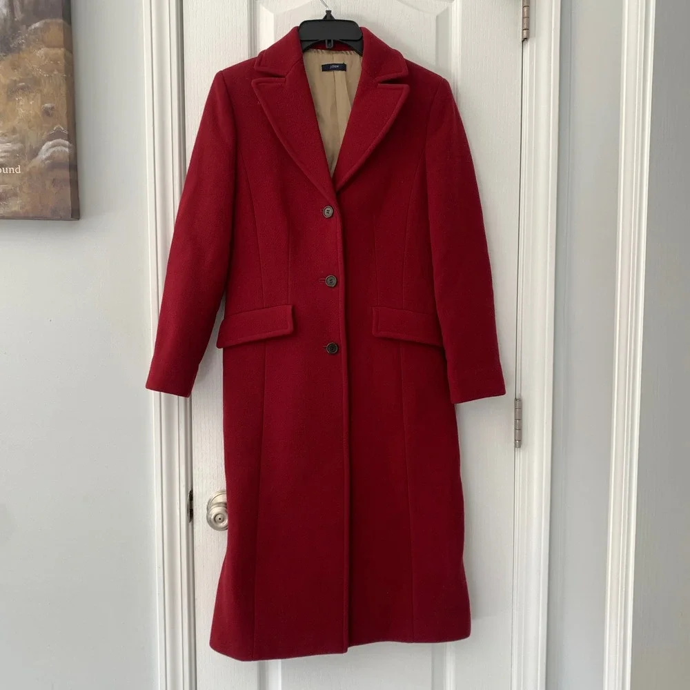 J.‎ Crew Womens Red Wool Blend Long Overcoat Button Front Topcoat Jacket